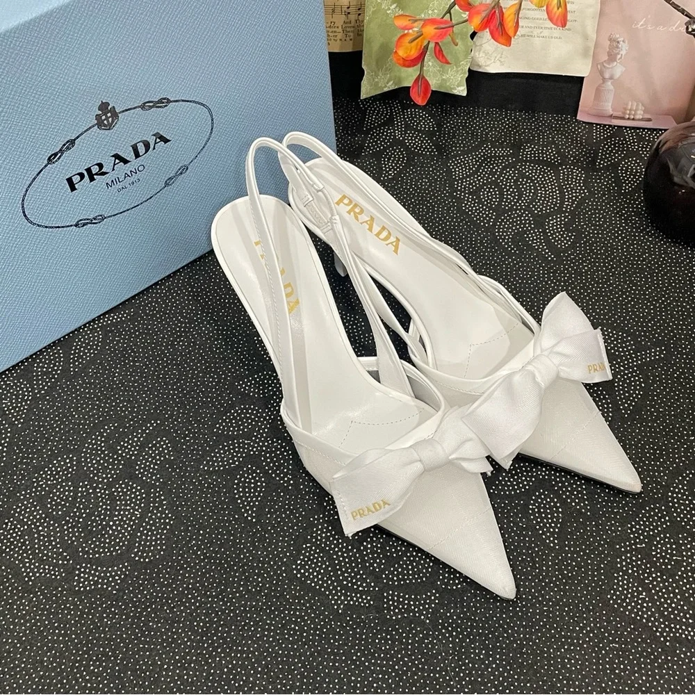 Prada White Bow Pointed Slingback Heels